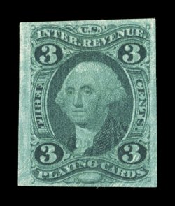 <b>#R17a, 3c Playing cards, imperforate,</b> an incredibly rare and choice unused example of this key First Issue Imperforate, possessing a marvelous overall freshness that is almost never encountered, with intensely rich color and a strong detailed 
