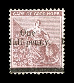 S.G. 46, 1882 One Half-penny. surcharge on 3p Deep claret, watermarked crown and CC, a desirable unused example of truly one of the rarest and most underrated stamps of not
only the Cape of Good Hope, but of the entire British Empire, as this