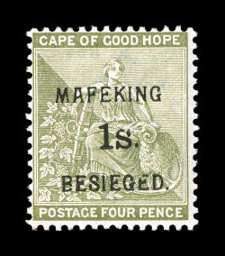 S.G. 5, 1900 1- Mafeking surcharge on 4p Sage green, setting 6, a very rare mint example, with strong fresh color, full original gum, lightly hinged, fine one of the important
mint rarities of the Mafeking issues signed H. Bloch and accom