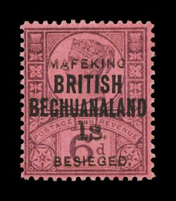 S.G. 15, 1900 1- Mafeking surcharge on 6p Purple on rose red, a fresh example of this important British Africa rarity, lovely colors that are quite deep and rich, part o.g.,
very fine one of the key rarities of the Mafeking surcharges, it is