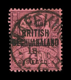 S.G. 15, 1900 1- Mafeking surcharge on 6p Purple on rose red, used, deep rich colors, neatly struck Mafeking c.d.s., fine signed H. Bloch and accompanied by 1986 RPS and 2008
BPA certificates (Scott 176 $800.00).