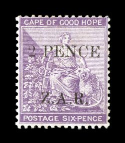 S.G. 3, 1899 2 PenceZ.A.R. Vryburg surcharge on 6p Mauve, strong rich color, nicely centered, full o.g., minor h.r., a very fine example of this rare and seldom offered mint
stamp 1975 RPS certificate (Scott N3 $2,500.00).