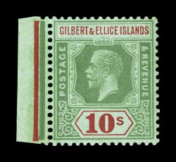 S.G. 35, 1924 10- Green and red on emerald, pristine left sheet-margin single, wonderfully bright and fresh, well centered, o.g., never hinged, very fine (Scott 31 for hinged
$175.00).