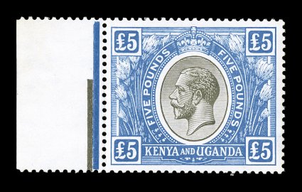 S.G. 99, 1922 £5 Black and blue, an extraordinary quality left sheet-margin single, with stunning rich colors and deeply etched impressions on pristine white paper, exceedingly
well centered, full fresh o.g. with just the faintest trace of hingi