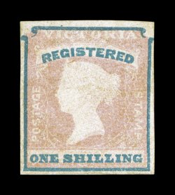S.G. 34, 1854 1- Rose pink and blue registration stamp, scarce unused example, full to large margins, lighter pastel color, very fine 1995 Rendon certificate (Scott F1
$1,700.00).