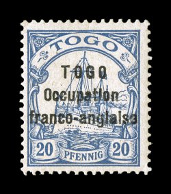 167, 1915 20pf Ultramarine, with TOGOOccupationfranco-anglaise overprint, strong color, o.g., very fine an especially elusive stamp, with only 263 copies produced signed A.
Brun (Michel 11 Ç1,300).
