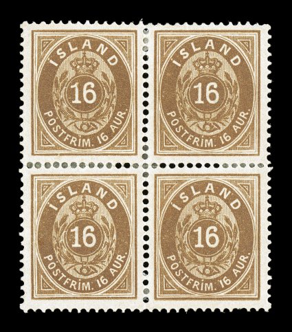 12, 1876 16a Brown, perforated 14 x 13 12, very scarce mint block of four, extraordinarily well centered, deep luxuriant color, o.g., couple of trivial h.r.s, very fine and
choice multiples of this issue are quite elusive and the Facit catalo