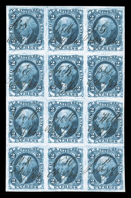 R9a, 2c Express, imperforate, an exceptionally choice quality block of twelve (3x4), with uncommonly large and wonderfully well balanced margins all around, plus its color is
incredibly deep and luxuriant, razor-sharp impression on fresh white p