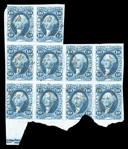 R32a, 10c Bill of Lading, imperforate, irregular block of ten, deep rich color on fresh paper, large margins, irregularly cut at bottom, going into the third stamp, some
reinforced tears and paper splitting, fine-very fine appearance only one l