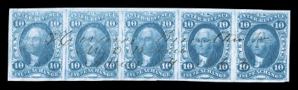 R36a, 10c Inland Exchange, imperforate, horizontal strip of five, large balanced margins all around, neat ms. cancel, left stamp with tear at top, otherwise very fine this is
the only recorded strip of five, with just one larger multiple known.