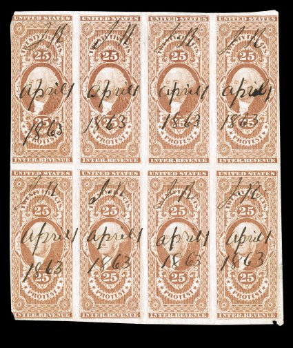 R49a, 25c Protest, imperforate, block of eight (4x2), being the second largest multiple known (see next lot for largest), rich color, 1863 ms. cancels, some creasing as usual,
second stamp at top with small pinhole from cancel, fine appearance.