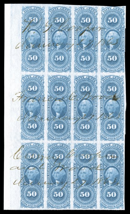 R58a, 50c Life Insurance, imperforate, left sheet-margin block of twelve (4x3), other margins mostly large, rich color, 1863 ms. cancels, a couple horizontal creases causing
minor paper splits, very fine appearance this and the following lot