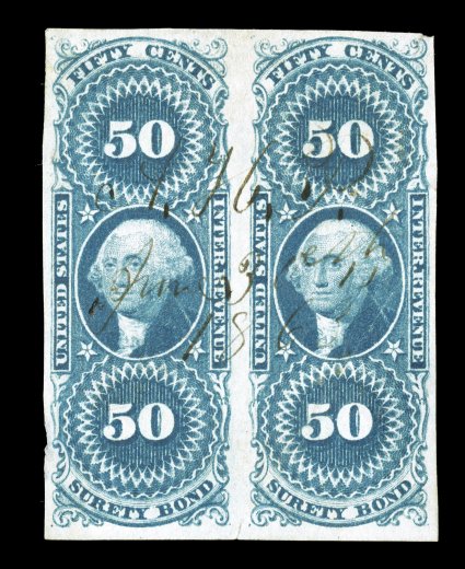 R63a, 50c Surety Bond, imperforate, horizontal pair, large margins all around, strong rich color, light 1863 ms. cancel, few small faults, very fine
appearance.