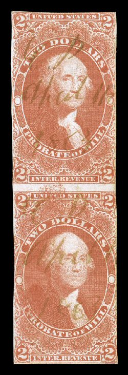 R83a, $2.00 Probate of Will, imperforate, an exceedingly rare vertical pair, bright color, margins range from clear to slightly into the design at the sides, bottom stamp with
faint crease and a tiny sealed tear at bottom, fine appearance one
