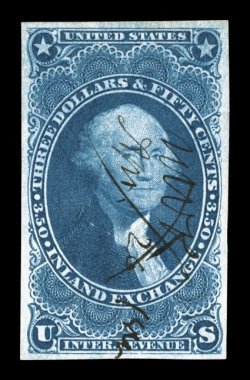 R87a, $3.50 Inland Exchange, imperforate, a lovely example of this very rare revenue, full balanced margins all around, sumptuously rich color, light ms. cancel, tiny closed
tear in the right margin, otherwise choice very fine.