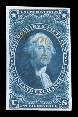 R87a, $3.50 Inland Exchange, imperforate, mostly large margins all around, deep rich color on fresh paper, light ms. cancel, trivial thin spot and small closed tear at bottom,
very fine appearance.