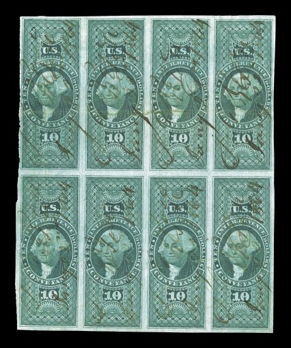 R94a, $10.00 Conveyance, imperforate, block of eight (4x2), large margins, deep rich color, 1864 ms. cancels, vertical and horizontal crease, causing some paper splitting which
has been sensibly reinforced, very fine appearance the largest kn