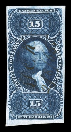 R97a, $15.00 Mortgage, imperforate, four large margins, excellent color in an especially dark shade, 1865 ms. cancel, couple light creases, very fine
appearance.
