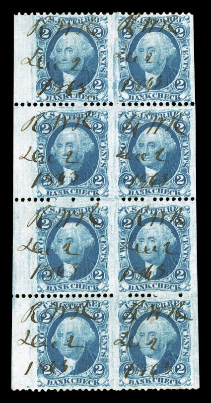 R5b, 2c Bank Check, part perforate, block of eight (2x4) imperforate vertically, exceedingly wide margins including a sheet margin at left, deep luxuriant color, 1863 ms.
cancels, very fine the largest known multiple of R5b imperforate verti