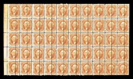 R10c, 2c Express, orange, remarkable left sheet-margin block of 50 (10x5), deep vibrant color, light handstamped and ink line cancels, some reinforced or separated perfs. along
the outer edges, small thin affects two stamps, fine this is the