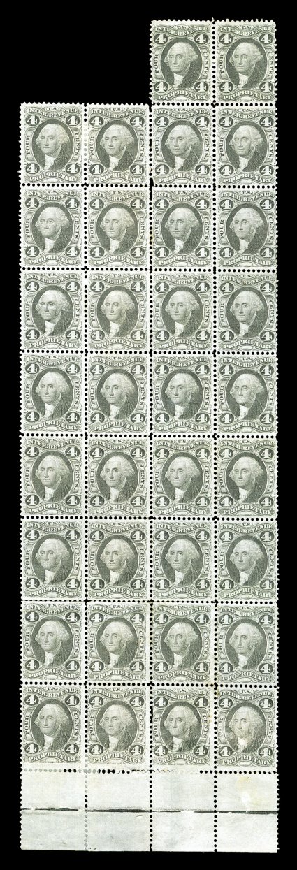 R22c, 4c Proprietary, unused bottom sheet-margin block of 34 (4x8 plus two stamps at top right), fresh color throughout, nicely centered, few minor creaseswrinkles or other
small flaws, very fine appearance an unusually large size multiple.