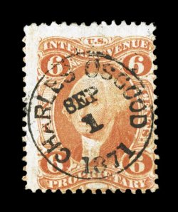 R31c, 6c Proprietary, bright fresh color, cancelled by a complete socked-on-the-nose 1871 Charles Osgood c.d.s., few tiny thin specks, fine appearance a most desirable cancel
on this rare stamp.