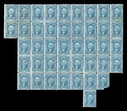 R37c, 10c Power of Attorney, irregular block of 42, attractive color, light violet ms. cancels, bottom right stamp defective, horizontal crease through the middle row, minor
hinge reinforced perfs., small stain on the fifth stamp in the bott