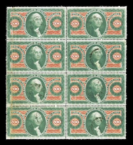 R102c, $200.00 Internal Revenue, remarkably, the Cunliffe collection contains a second sheet of eight, this one cancelled by light handstamps of Milwaukee & St. Paul Railway
Co., vertical creases, a few small repairs mostly caused by the can