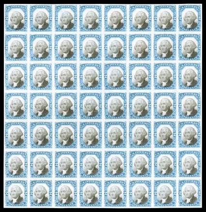 R104TC, 2c Pale blue and black trial color plate proof on bond, block of 56 (8x7), strong rich colors, large outer margins, horizontal and vertical crease through the center,
faint toned specks affect a few stamps at top, otherwise very fine an