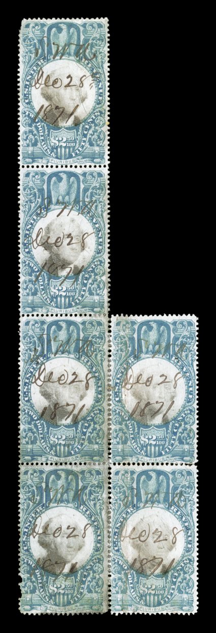 R124, $2.50 Blue and black, irregular reconstructed block of six, comprised of a vertical strip of four and vertical pair, 1871 ms. cancels, small faults including staining
mostly on bottom stamps, fine appearance the largest recorded multipl