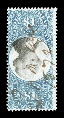 R118a, $1.00 Blue and black, Center Inverted, rich colors, 1872 ms. cancel, fine a highly desirable example of this rarity, not only because it possesses a manuscript cancel
rather than the more commonly seen punch cancel, but also because it l