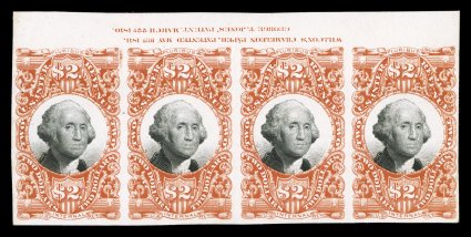 R139P4-46P4, 15c-$2.50 Third Issue, plate proofs on card, eight values, each in a Wilcoxs Chameleon Paper inverted imprint strip of three, four or five, all with complete
imprint showing, bright and fresh, $2.50 with a few age stains, otherwise