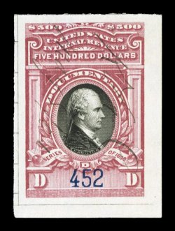 R180, $500.00 Carmine lake and black, used, large margins, rich color, light ms. cancel, very fine an attractive example of this scarce revenue.