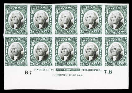 RB4P4, 4c Green and black, plate proof on card, bottom margin imprint and plate no. B7 7B block of ten, large margins, exceedingly fresh, very fine and
choice.