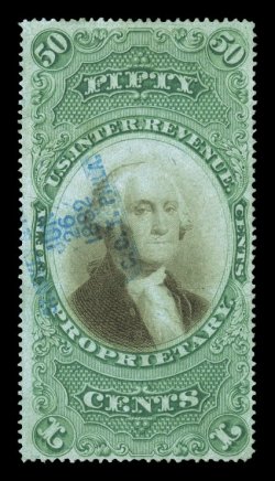 RB8b, 50c Green and black on green paper, a highly desirable used example, being uncharacteristically well centered, strong rich color, light five line blue handstamped cancel,
just a faint trace of an age spot at top right, otherwise fault-