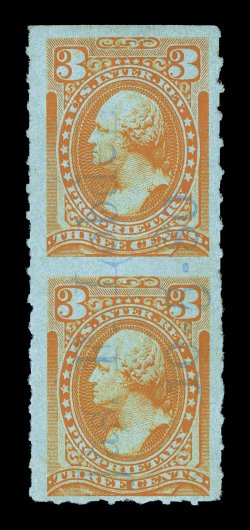 RB13c var., 3c Orange, roulette 6, vertical pair, imperforate between, nicely centered, bright color, light 1880 blue handstamp of Jas. F. Lobden, very fine an important error
rarity of the 1875 Proprietary Issue, being the only example we ha