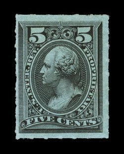 RB16c, 5c Black, roulette 6, an incredibly rare mint example, marvelously fresh, full original gum, minor h.r., fine one of the very few sound original gum examples in
existence.