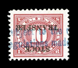 RD34b, 10c Carmine rose, inverted overprint, bright and fresh, blue handstamped cancel, very fine an exceedingly scarce error 1990 PSE certificate unpriced in used condition,
cataloged as mint.
