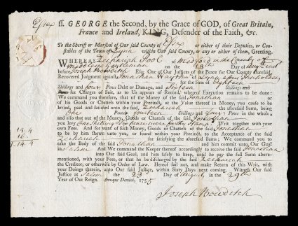 RM2, 2p Massachusetts embossed, well struck on 1755 Writ of Execution from Middlesex, very fine strike.