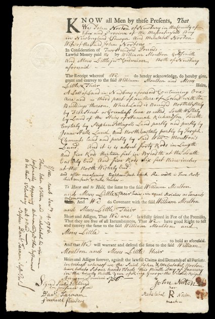 RM4, 4p Massachusetts embossed, crisp strike at top left of 1756 Conveyance of Land from Newbury, Mass., fine.