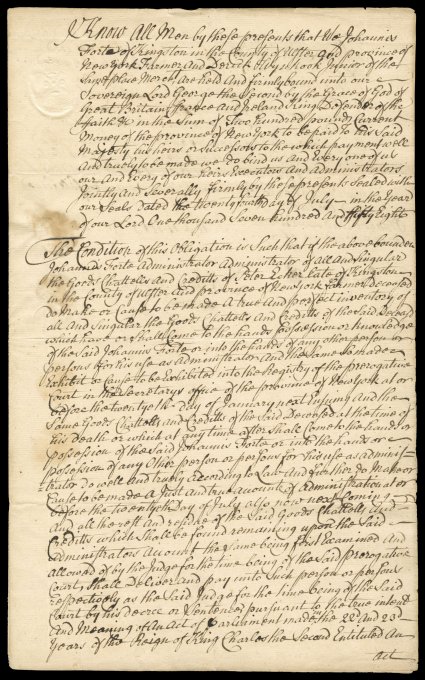 RM12, 3p New York embossed, well stuck example on 1756 administrators bond on estate document, very fine strike on a fine document.