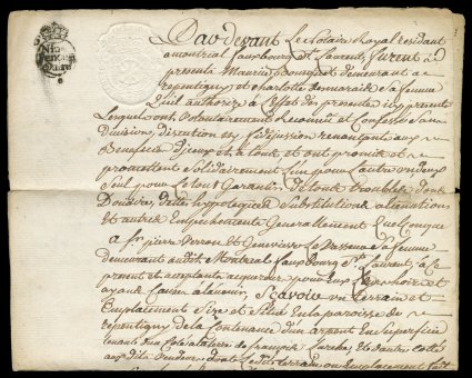 RM30, 13 General issue embossed, an exceptionally sharp strike on 1767 document from Montreal, with Nine Pence and Crown handstamp (slightly smudged) at left, a very fine and
choice strike of this scarce embossed stamp.