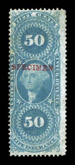 R58S-H, 50c Life Insurance with red type H Specimen overprint, attractive color, small thin spot, fine appearance not listed in Scott.