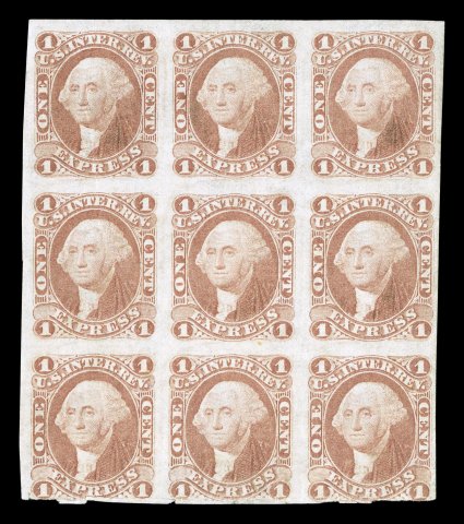 R1a, 1c Express, imperforate, mint block of nine (3x3), three large margins, into the design at bottom, attractive color, full original gum, fine-very fine one of the largest
known multiples of this stamp and the largest known mint multiple ca