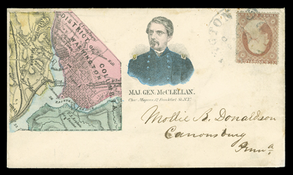 26, 3c Dull red, Ty. III, well centered single with small flaws, tied to multicolored Maj. Gen. McClellan and Map of Washington, D.C. dual panel Magnus patriotic cover (Walcott
283) by Washington, D.C. c.d.s., addressed to Canonsburh, Penn.