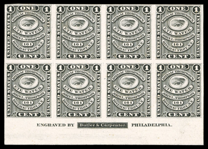 RS242P4, John L. Thompson, 1c Black, plate proof on card, handsome bottom margin imprint block of eight, exceptionally fresh, large margins, very fine cataloged as eight
singles.