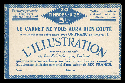 Yvert 140-C 12, 1906 25c Blue, booklet pane of ten, complete booklet of two panes, with Evian advertisements in the margins, series 85, fresh and intact, o.g., n.h., very
fine.