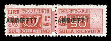 Sassone 21b, 1949 50l Rose, double overprint, bright color, o.g., n.h., fine only 100 examples known and this is the only value in the series that comes with a double
overprint signed Mondolfo (Scott Q21 var.).