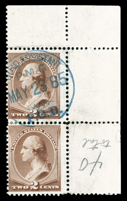 211B, 2c Pale red brown special printing, top right corner margin vertical pair, cancelled by blue Third Assistant P.M.G. P.O.D.May 23 85 c.d.s., fresh color, minor hinge
reinforcements, fine this is the only way a used example is availab
