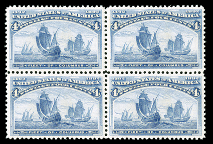233, 4c Columbian, striking mint block of four, beautifully centered within large margins, strong rich color, o.g., n.h., extremely fine.